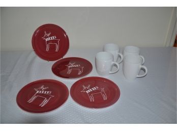 (#36) Reindeer THE HOME Red 4 Dessert Plates And White 4 Coffee Mugs
