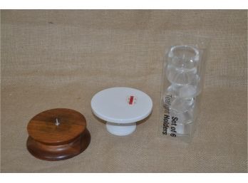 (#277) Candle Holders: Wooden, Ceramic And 6 Glass Tea Light Holders