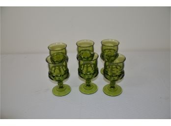 (#188) Vintage Indiana Glass Kings Crown Thumbprint Green Goblet Wine Glasses (6)