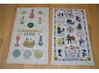 (#135) Vintage Linen Tea Towels Amish Saying And Sandwich Glass Products 17x30
