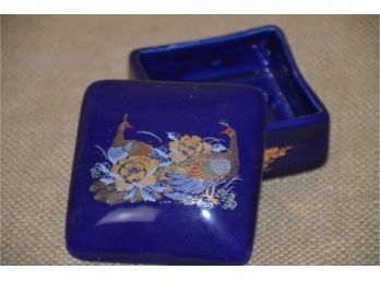 (#247) Porcelain Square China Blue Trinket Box Pheasant Covered Design