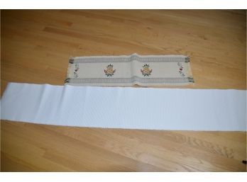 (#118) Woven White Table Runner 68' And Woven Runner With Pineapple Design 36'long