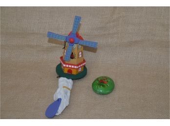 (#254) Wood Small Windmill Wind Chime With Hand-painted Stone