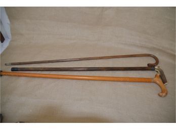 (#259) Wooden Canes Walking Sticks (one Has Deer Antler Handle)