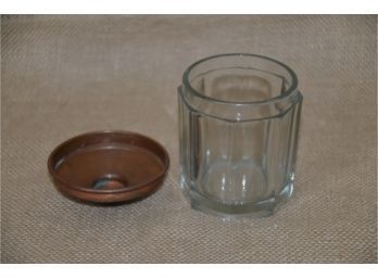 (#245) Vintage Copper Metal Cover Glass Canister  3' Diameter 3.5' Height