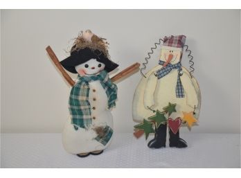 (#57) Holiday Snowman Home Decor:  Wooden Wall Hanger 12'H And Fabric Snowman 13'H