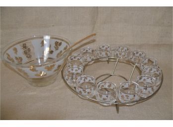 (#238) Vintage MCM Frosted Gold Roses Libbey Large Punch Bowl Set 12 Punch Glasses Complete With Metal Stand