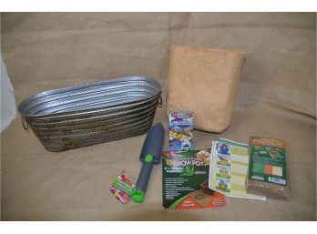 (#296) Garden Items:  Tin Planter 16', Flower Seed, Expanding Soil Mix, Gardening Flower Bag