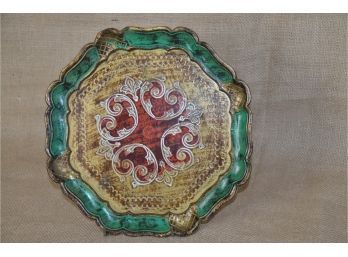 (#216) Vintage Wooden Florentine Tray Italian Decorative Gold Red Green 9'