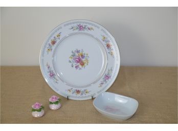 (#214) Jlmenau Floral Porcelain Germany Plate 10', Mini Rose Top Salt And Pepper Shakers, Porcelain Trinket