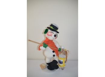 (#43) Annalee 1988 Snowman Doll With Broom And Earmuffs 18'H