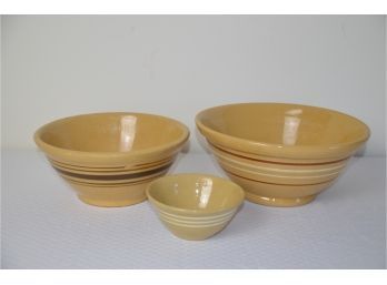 (#143) Vintage Stoneware Ovenware Dough Mixing Bowls Brown Stripe 10', 9' And 5'