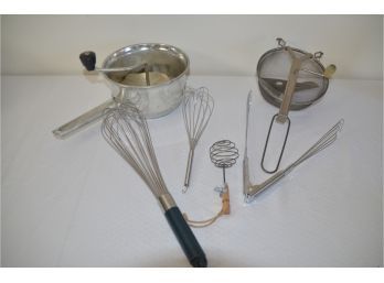 (#148) Vintage Kitchenware Gadgets: Foley Food Mill, Sifter, Whisks, Tongs