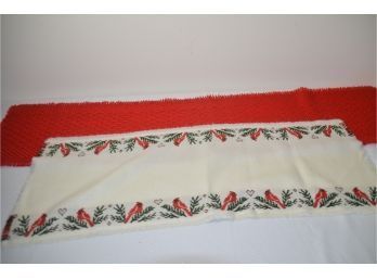 (#100) Christmas Table Runner Red 50'L, White Knit Red Cardinal  39'long