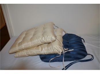 (#16) Seat Chair Cushions 2 Bella Silk Cream, 1 Blue Stripe