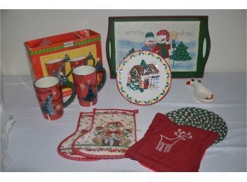 (#37) Christmas Mugs, The Cellar Cookie Plate, Pot Holders, Wood Serving Tray, Spoon Rest