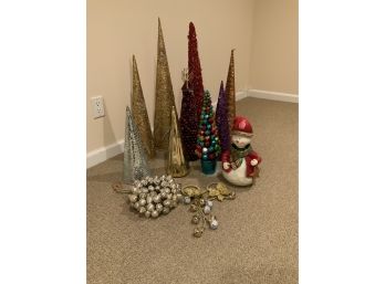 (9)Christmas Trees, (2) Bell For Door Knobs, (1)Sm. Ornament Wreath &  Snowman Santa