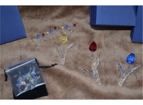 (#112) Swarovski Crystal 3.5' Red, Yellow, Blue TULIPS (red Broke) Miniature TULIPS 9 Small 3