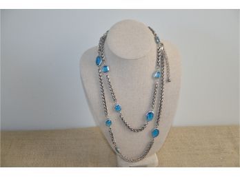 (#47) Chico Necklace Silver Tone Inlay Blue Glass Stones Hangs 24' Adjustable