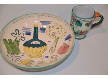 (#136) Large Ceramic Italy Hand-painted Pasta / Salad Bowl 12.5' (slight Chip) And Coffee Mug
