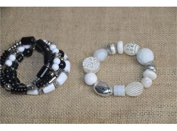 (#197) Chico Elastic Bracelets 1- Black /white / Silver Wire Bracelet 2- White  Silver Beads Elastic