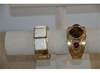 (#2) Lot Of 2 Bangle Bracelets Hinged 1- White / Gold Tone 2- Gold Tone With Tortoiseshell Center Stone