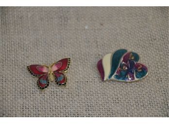 (#18) Lot Of 2 Pins 1- Enamel Heart 2- Butterfly