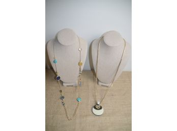 (#172) Pair Of Chico 18' Necklace Adjustable Gold Tone Black Beige Pendant And Blue Turquoise Navy Gold Tone