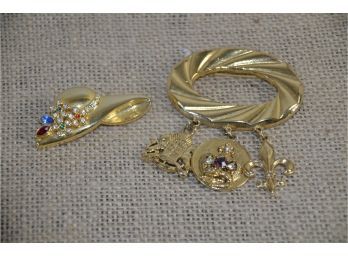 (#11) Lot Of 2 Gold Tone Pins 1- Dangle Charms 2-bonnet Hat With Stones