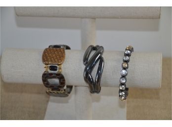 (#4) Lot Of 3 Bracelets: 1-chico Stretch Leopard Print 2-lia Sophia Hinged Grey Metallic 3-rhine Stone Bangle
