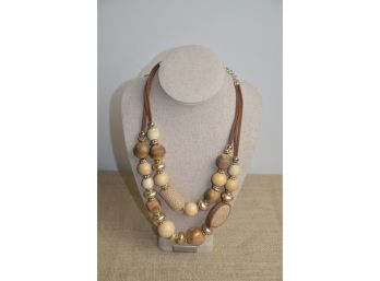 (#182B) Chico Necklace Brown Wood Beads Suede Chain 12' Adjustable