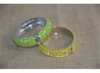 (#1) Lot Of 2 Bangle Bracelets Enamel Hinged Yellow And Green
