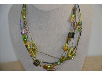 (#46) Chico Necklace Green / Amber Glass Stone On String Hangs 10' Adjustable