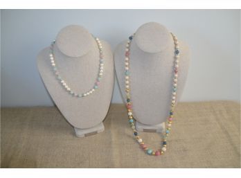 (#55) Lot Of 2 Necklaces 1- Gold Tone 18' Multi Plastic Beads 2- Glass Beads Plastic Pearls 9'
