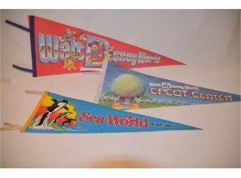 (#120) Lot Of 3 Large Florida Felt Pennant Flag Banners:  Sea World, Epcot Center, Walt Disney World