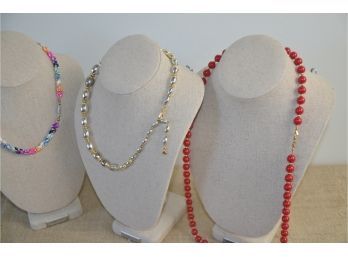 (#57) Lot Of 3 Necklaces 1- Red 15' Monet Glass Beads 2- Gold 10' Plastic Beads 3-multi 9' Plastic Choker