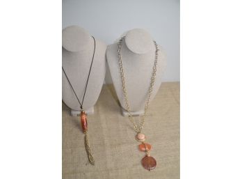 (#174) Pair Of Chico Necklaces 18' Adjustable Amber Stone Gold Tone Chain