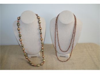 (#58) Lot Of 2 Necklaces 1- Plastic 16' Copper Amber Green VCLM  2- Brown Plastic 26'