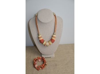 (#179) Chico Necklace Matching Bracelet Rust / Coral Stones Leather 9' Adjustable Chain