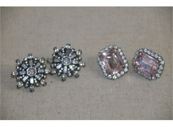 (#67) Lot Of 2 Pierced Earrings 1- Vintage Baublebar Silver Rhine Stone 2- Pink Plastic Rhine Stone
