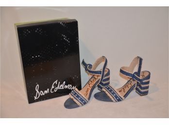 (#155) Sam Edelman Woven Raffia Blue / Tan Low Heal Ankle Strap Shoe Size 8 In Box - Gently Used
