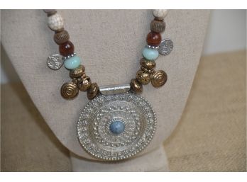 (#182) Chico Necklace With Matching Bracelet Silver Turquoise Stones Brown Suede Chain 12' Adjustable