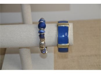 (#187) Chico Bracelets 1- Blue / Gold Hinged 2- Elastic Blue / Silver Beads