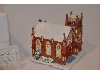 (#104) Hawthorne Village 'ST. FLORIANS CHURCH' No. A0638 Lighted Firefighters Christmas Village With Certi.