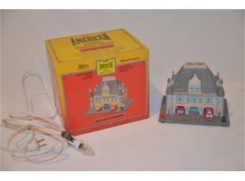 (#110) Aldon Lighted Fireman House New York NY Cold Cast Resinite Stoneware With Box