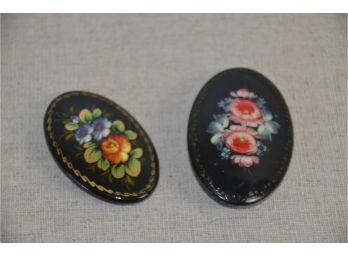 (#21) Lot Of 2 Hand-painted Floral Wood Pins Signed