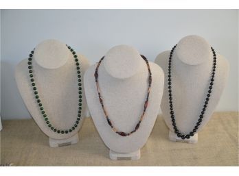 (#40) Lot Of 3 Glass Beads Necklaces Brown 11' Black 13' Emerald Green 12'