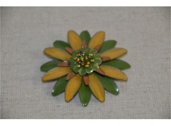 (#30) Green / Yellow Enamel Overlay On Metal Flower Pin 3'
