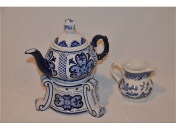 (#140) Ceramic China Bombay Blue-ware Teapot Warmer And Churchill England Creamer Pitcher 3.5'H