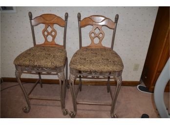 (#2) Pair Of Raymour & Flanigan Counter / Bar Stools Metal Legs Wood Seated Back